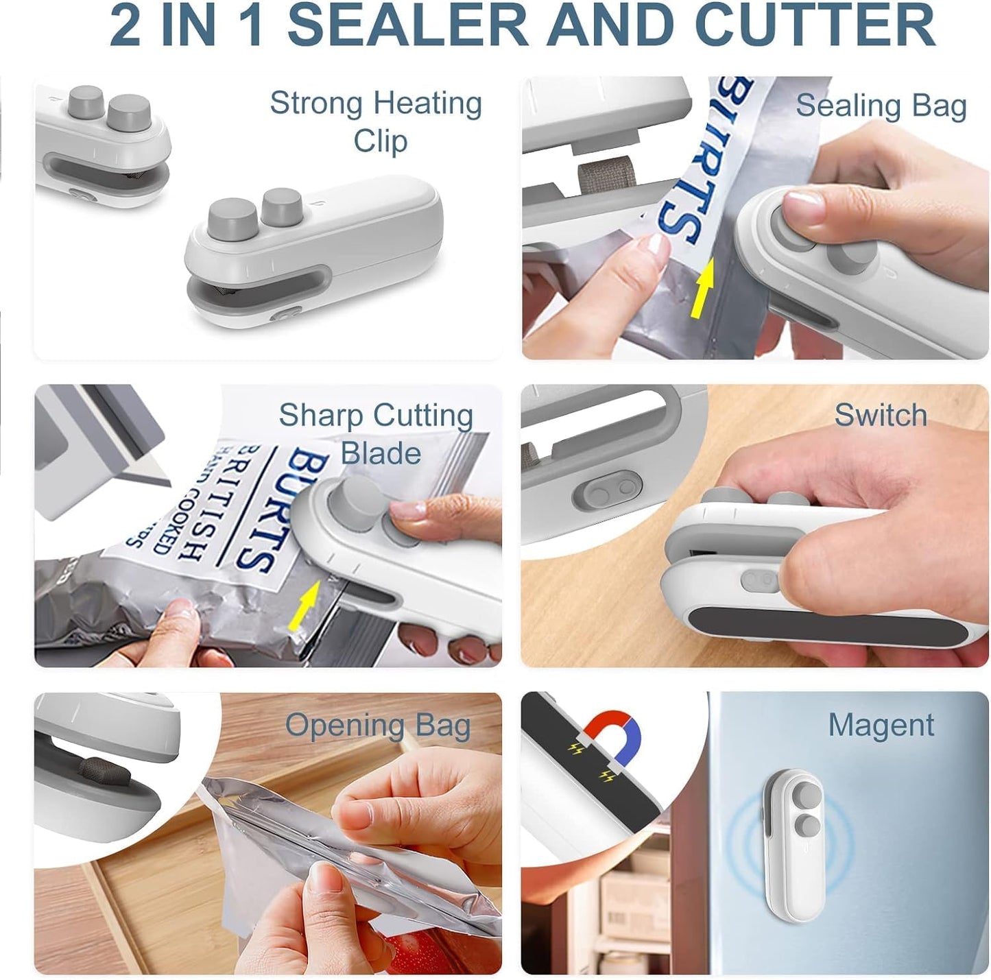 Portable Mini Sealing Machine 2 in 1 USB Rechargeable Magnetic Bag Sealer Heat Seal with Cutter