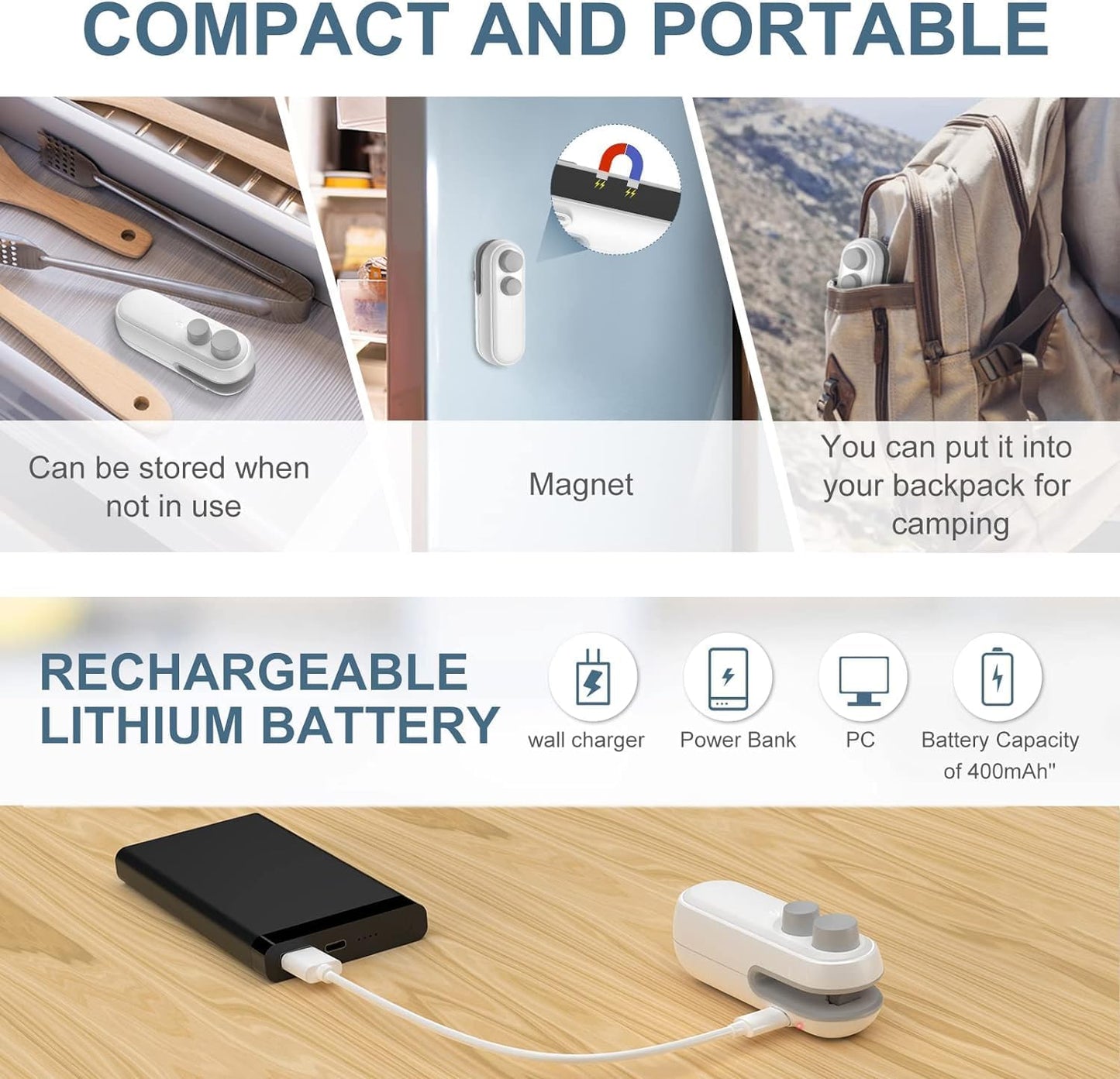 Portable Mini Sealing Machine 2 in 1 USB Rechargeable Magnetic Bag Sealer Heat Seal with Cutter